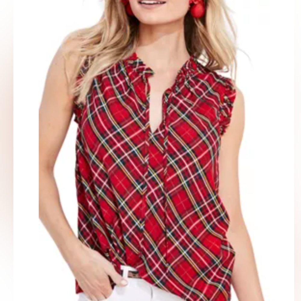 Vineyard Vines Red Plaid Tartan Ruffle Sleeveless Popover Top